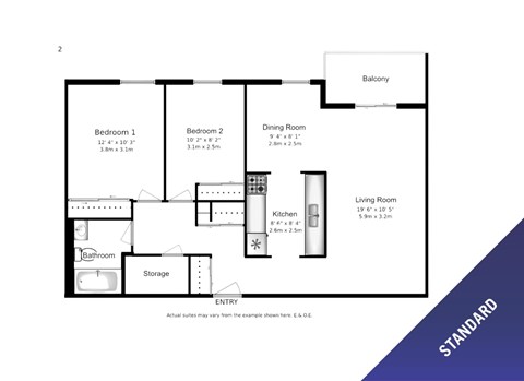 Floor plan for 2 beds, 1 bath, 936 sqft